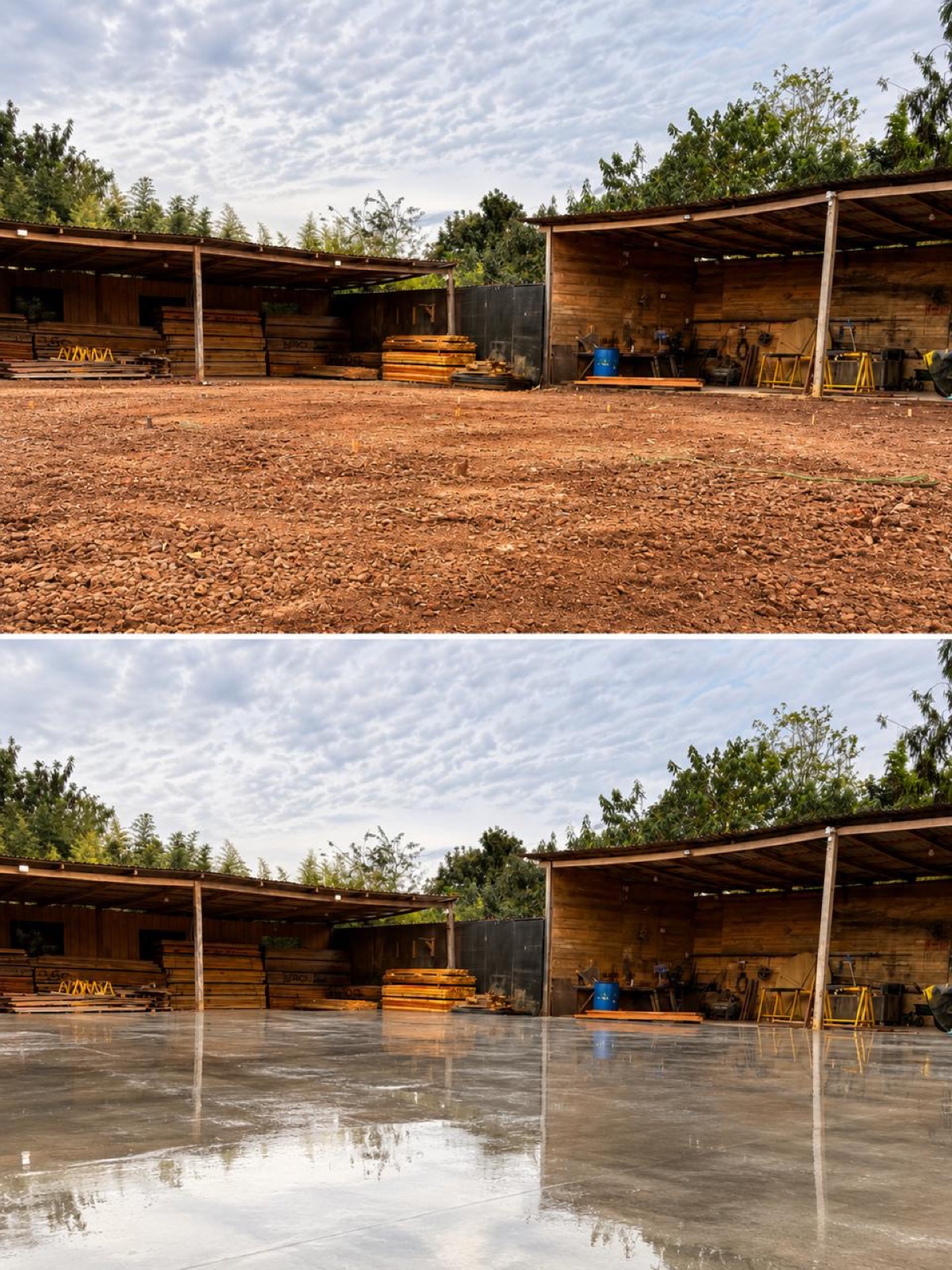 antes e depois: terreno de cascalho virando piso de concreto polido